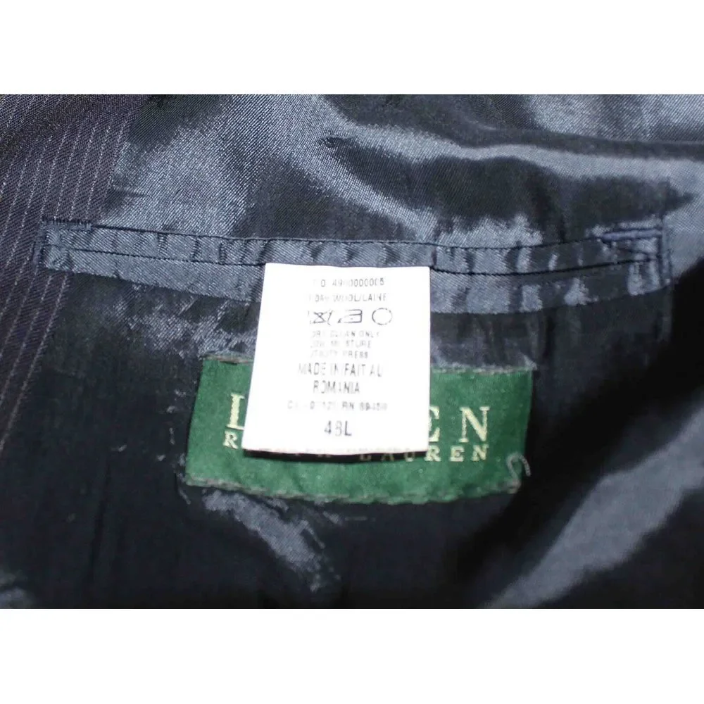Lauren Ralph Lauren 100% Wool Dark Navy Blue Striped Blazer Jacket Mens Size 48L